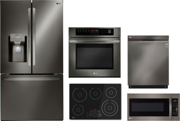 LG 5 Piece Kitchen Appliances Package with French Door Refrigerator, Dishwasher and Over the Range Microwave in Black Stainless Steel LGRECTDWMW1018