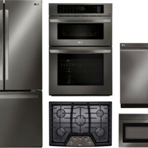 LG 5 Piece Kitchen Appliances Package with French Door Refrigerator, Dishwasher and Over the Range Microwave in Black Stainless Steel LGRECTDWMW2006