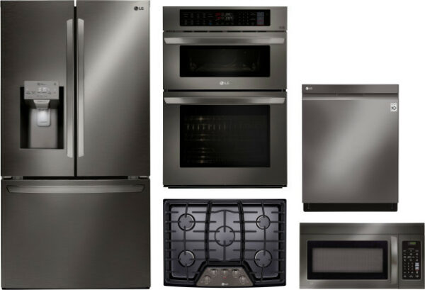 LG 5 Piece Kitchen Appliances Package with French Door Refrigerator, Dishwasher and Over the Range Microwave in Black Stainless Steel LGRECTDWMW2006