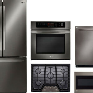 LG 5 Piece Kitchen Appliances Package with French Door Refrigerator, Dishwasher and Over the Range Microwave in Black Stainless Steel LGRECTDWMW2008