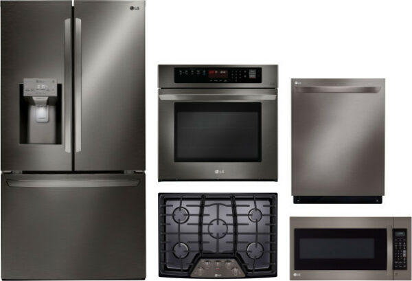 LG 5 Piece Kitchen Appliances Package with French Door Refrigerator, Dishwasher and Over the Range Microwave in Black Stainless Steel LGRECTDWMW2008