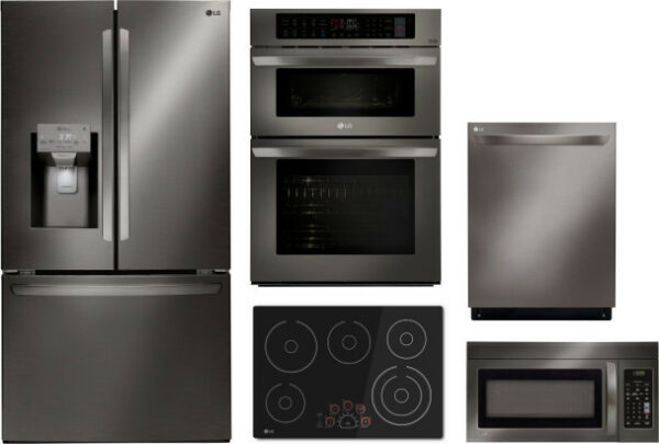 LG 5 Piece Kitchen Appliances Package with French Door Refrigerator, Dishwasher and Over the Range Microwave in Black Stainless Steel LGRECTDWMW2016