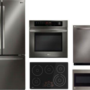 LG 5 Piece Kitchen Appliances Package with French Door Refrigerator, Dishwasher and Over the Range Microwave in Black Stainless Steel LGRECTDWMW2018