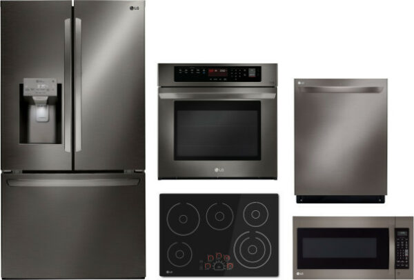 LG 5 Piece Kitchen Appliances Package with French Door Refrigerator, Dishwasher and Over the Range Microwave in Black Stainless Steel LGRECTDWMW2018