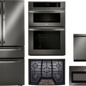 LG 5 Piece Kitchen Appliances Package with French Door Refrigerator, Dishwasher and Over the Range Microwave in Black Stainless Steel LGRECTWODWMW1000