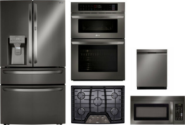 LG 5 Piece Kitchen Appliances Package with French Door Refrigerator, Dishwasher and Over the Range Microwave in Black Stainless Steel LGRECTWODWMW1000