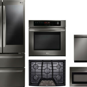 LG 5 Piece Kitchen Appliances Package with French Door Refrigerator, Dishwasher and Over the Range Microwave in Black Stainless Steel LGRECTWODWMW1001