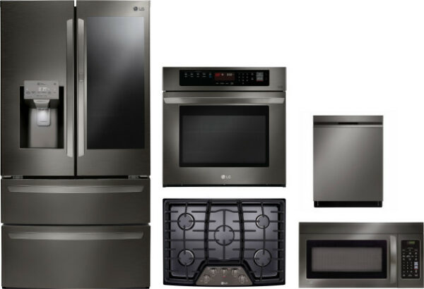 LG 5 Piece Kitchen Appliances Package with French Door Refrigerator, Dishwasher and Over the Range Microwave in Black Stainless Steel LGRECTWODWMW1001