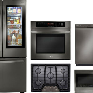 LG 5 Piece Kitchen Appliances Package with French Door Refrigerator, Dishwasher and Over the Range Microwave in Black Stainless Steel LGRECTWODWMW1004