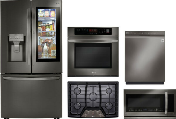 LG 5 Piece Kitchen Appliances Package with French Door Refrigerator, Dishwasher and Over the Range Microwave in Black Stainless Steel LGRECTWODWMW1004