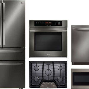 LG 5 Piece Kitchen Appliances Package with French Door Refrigerator, Dishwasher and Over the Range Microwave in Black Stainless Steel LGRECTWODWMW103