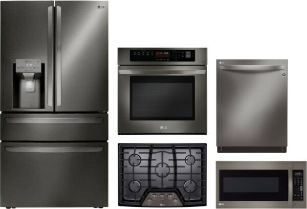 LG 5 Piece Kitchen Appliances Package with French Door Refrigerator, Dishwasher and Over the Range Microwave in Black Stainless Steel LGRECTWODWMW103