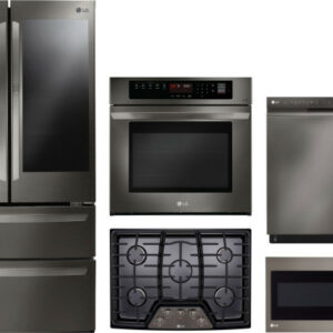 LG 5 Piece Kitchen Appliances Package with French Door Refrigerator, Dishwasher and Over the Range Microwave in Black Stainless Steel LGRECTWODWMW104