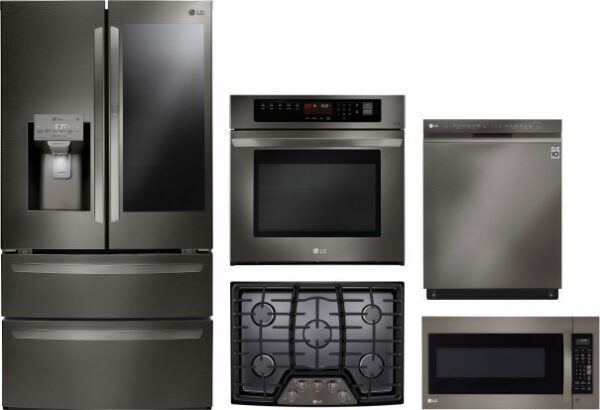 LG 5 Piece Kitchen Appliances Package with French Door Refrigerator, Dishwasher and Over the Range Microwave in Black Stainless Steel LGRECTWODWMW104