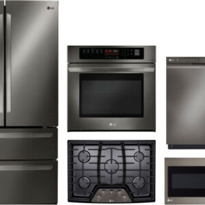 LG 5 Piece Kitchen Appliances Package with French Door Refrigerator, Dishwasher and Over the Range Microwave in Black Stainless Steel LGRECTWODWMW19