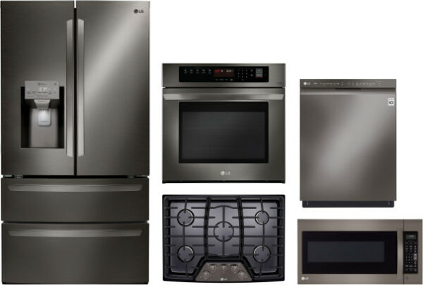 LG 5 Piece Kitchen Appliances Package with French Door Refrigerator, Dishwasher and Over the Range Microwave in Black Stainless Steel LGRECTWODWMW19