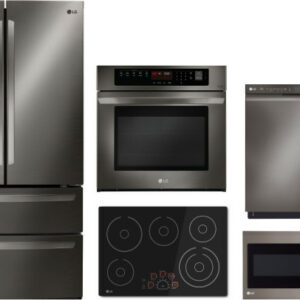 LG 5 Piece Kitchen Appliances Package with French Door Refrigerator, Dishwasher and Over the Range Microwave in Black Stainless Steel LGRECTWODWMW20