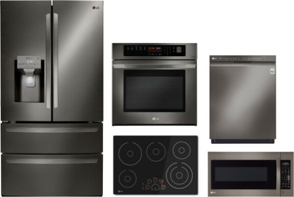 LG 5 Piece Kitchen Appliances Package with French Door Refrigerator, Dishwasher and Over the Range Microwave in Black Stainless Steel LGRECTWODWMW20