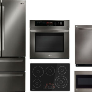 LG 5 Piece Kitchen Appliances Package with French Door Refrigerator, Dishwasher and Over the Range Microwave in Black Stainless Steel LGRECTWODWMW21