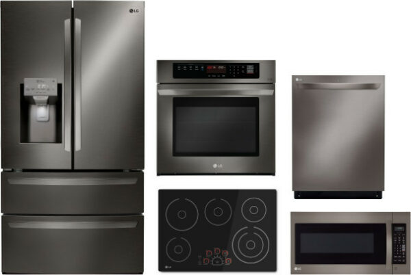 LG 5 Piece Kitchen Appliances Package with French Door Refrigerator, Dishwasher and Over the Range Microwave in Black Stainless Steel LGRECTWODWMW21