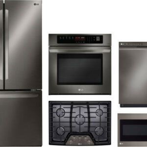 LG 5 Piece Kitchen Appliances Package with French Door Refrigerator, Dishwasher and Over the Range Microwave in Black Stainless Steel LGRECTWODWMW37