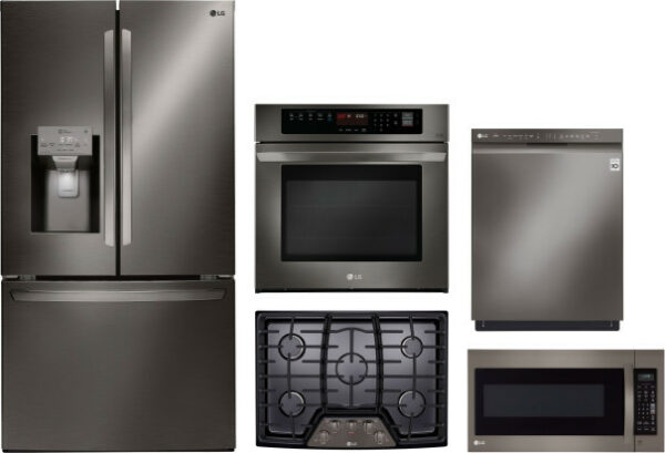 LG 5 Piece Kitchen Appliances Package with French Door Refrigerator, Dishwasher and Over the Range Microwave in Black Stainless Steel LGRECTWODWMW37