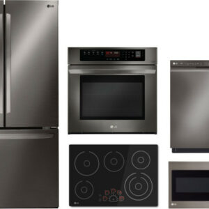 LG 5 Piece Kitchen Appliances Package with French Door Refrigerator, Dishwasher and Over the Range Microwave in Black Stainless Steel LGRECTWODWMW38