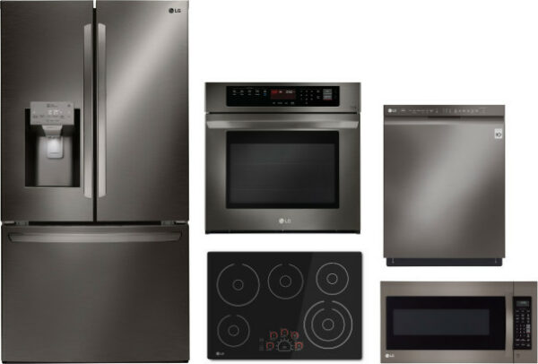 LG 5 Piece Kitchen Appliances Package with French Door Refrigerator, Dishwasher and Over the Range Microwave in Black Stainless Steel LGRECTWODWMW38