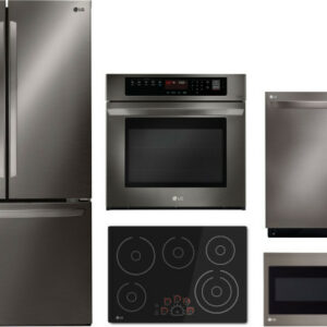 LG 5 Piece Kitchen Appliances Package with French Door Refrigerator, Dishwasher and Over the Range Microwave in Black Stainless Steel LGRECTWODWMW39