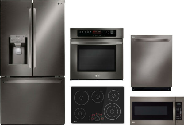 LG 5 Piece Kitchen Appliances Package with French Door Refrigerator, Dishwasher and Over the Range Microwave in Black Stainless Steel LGRECTWODWMW39