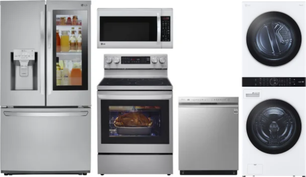 LG 5 Piece Kitchen Appliances Package with French Door Refrigerator, Electric Range, Dishwasher and Over the Range Microwave in Stainless Steel LGRERA