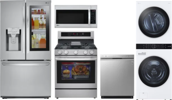 LG 5 Piece Kitchen Appliances Package with French Door Refrigerator, Gas Range, Dishwasher and Over the Range Microwave in Stainless Steel LGRERADWMWW