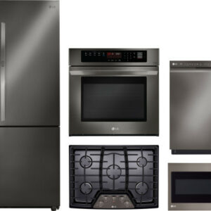 LG 5 Piece Kitchen Appliances Package with Side-by-Side Refrigerator, Dishwasher and Over the Range Microwave in Black Stainless Steel LGRECTWODWMW31