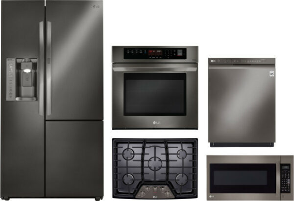 LG 5 Piece Kitchen Appliances Package with Side-by-Side Refrigerator, Dishwasher and Over the Range Microwave in Black Stainless Steel LGRECTWODWMW31