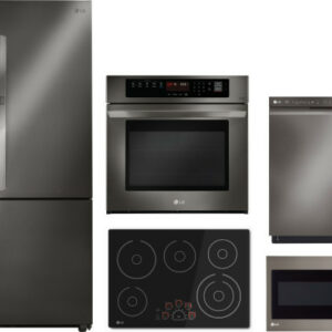 LG 5 Piece Kitchen Appliances Package with Side-by-Side Refrigerator, Dishwasher and Over the Range Microwave in Black Stainless Steel LGRECTWODWMW32