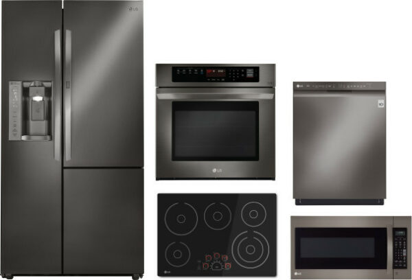 LG 5 Piece Kitchen Appliances Package with Side-by-Side Refrigerator, Dishwasher and Over the Range Microwave in Black Stainless Steel LGRECTWODWMW32