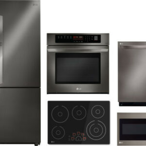 LG 5 Piece Kitchen Appliances Package with Side-by-Side Refrigerator, Dishwasher and Over the Range Microwave in Black Stainless Steel LGRECTWODWMW33