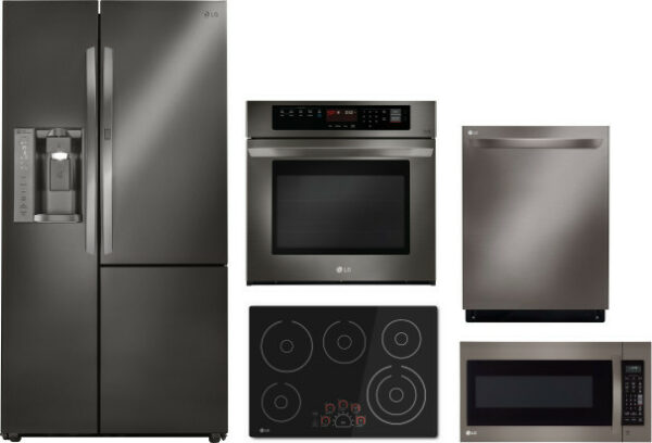 LG 5 Piece Kitchen Appliances Package with Side-by-Side Refrigerator, Dishwasher and Over the Range Microwave in Black Stainless Steel LGRECTWODWMW33