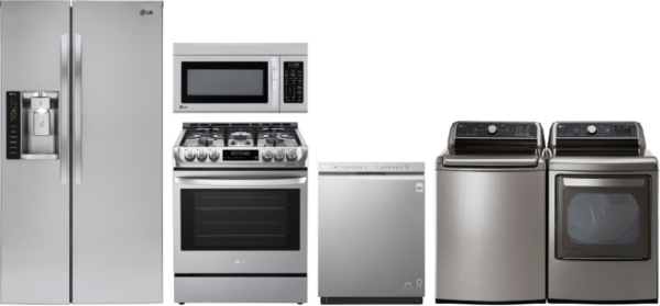 LG 6 Piece Kitchen Appliances Package with Side-by-Side Refrigerator, Gas Range, Dishwasher and Over the Range Microwave in Stainless Steel LGRERADWMW