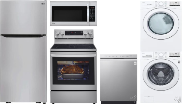 LG 6 Piece Kitchen Appliances Package with Top Freezer Refrigerator, Electric Range, Dishwasher and Over the Range Microwave in Stainless Steel LGRERA