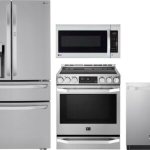 LG Studio 4 Piece Kitchen Appliances Package with French Door Refrigerator, Electric Range, Dishwasher and Over the Range Microwave in Stainless Steel