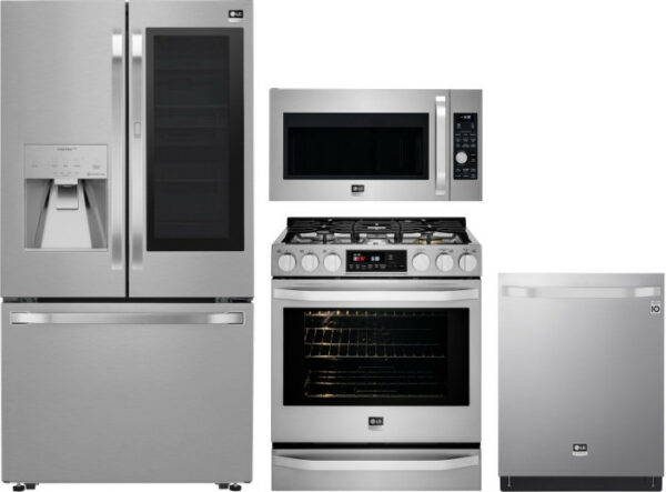 LG Studio 4 Piece Kitchen Appliances Package with French Door Refrigerator, Gas Range, Dishwasher and Over the Range Microwave in Stainless Steel LGRE