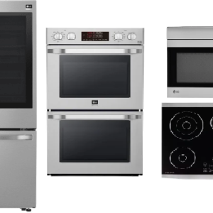 LG Studio 4 Piece Kitchen Appliances Package with French Door Refrigerator and Over the Range Microwave in Stainless Steel LGRECTWORH300