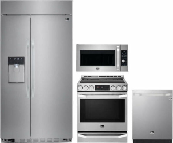 LG Studio 4 Piece Kitchen Appliances Package with Side-by-Side Refrigerator, Electric Range, Dishwasher and Over the Range Microwave in Stainless Stee