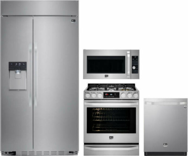 LG Studio 4 Piece Kitchen Appliances Package with Side-by-Side Refrigerator, Gas Range, Dishwasher and Over the Range Microwave in Stainless Steel LGR