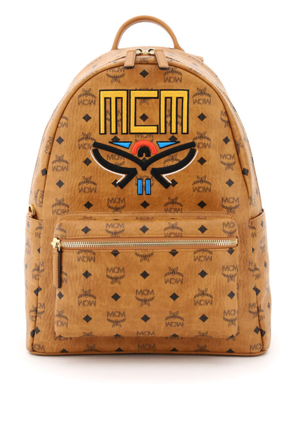 MCM STARK VISETOS BACKPACK GEO LAUREL LOGO OS Brown, Black Cotton, Leather