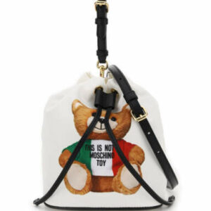 MOSCHINO MINI BUCKET BAG WITH ITALIAN TEDDY BEAR PRINT OS White, Black Technical, Leather