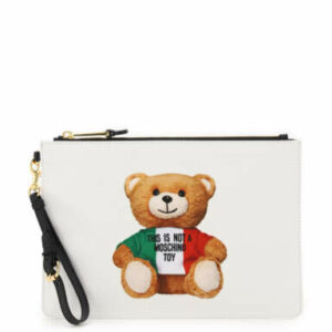 MOSCHINO POUCH WITH ITALIAN TEDDY BEAR PRINT OS White Technical, Leather