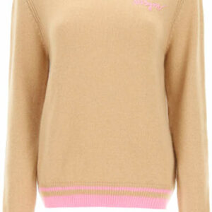 MSGM SWEATER WITH LOGO EMBROIDERY XS Beige, Pink Wool, Cashmere