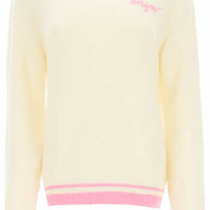 MSGM SWEATER WITH LOGO EMBROIDERY XS White, Pink Wool, Cashmere